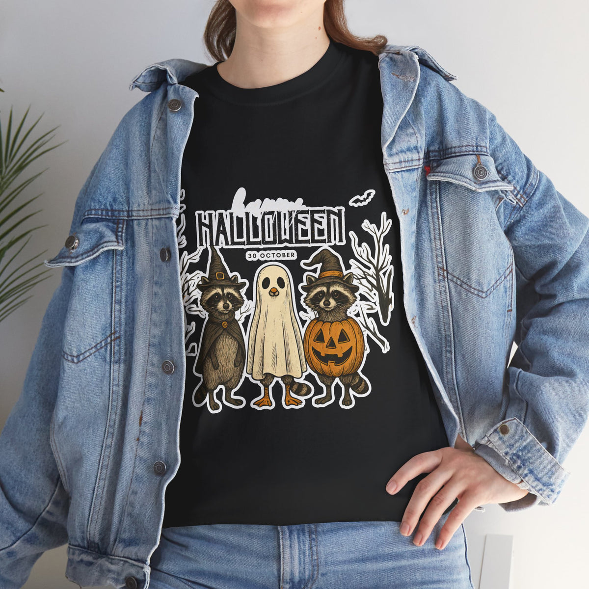 Halloween Raccoon Ghost Pumpkin T‑Shirt — Cute Spooky Costume Trio Tee