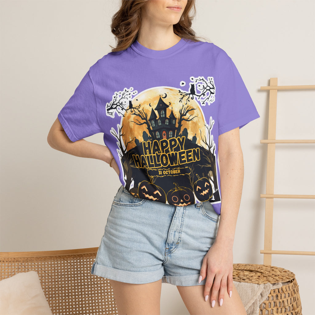 Halloween Haunted House T-Shirt — "Happy Halloween" Pumpkin Graphic Tee