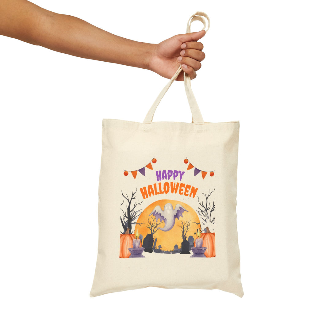 Halloween Tote Bag — "Happy Halloween" Ghost Pumpkin Canvas Tote