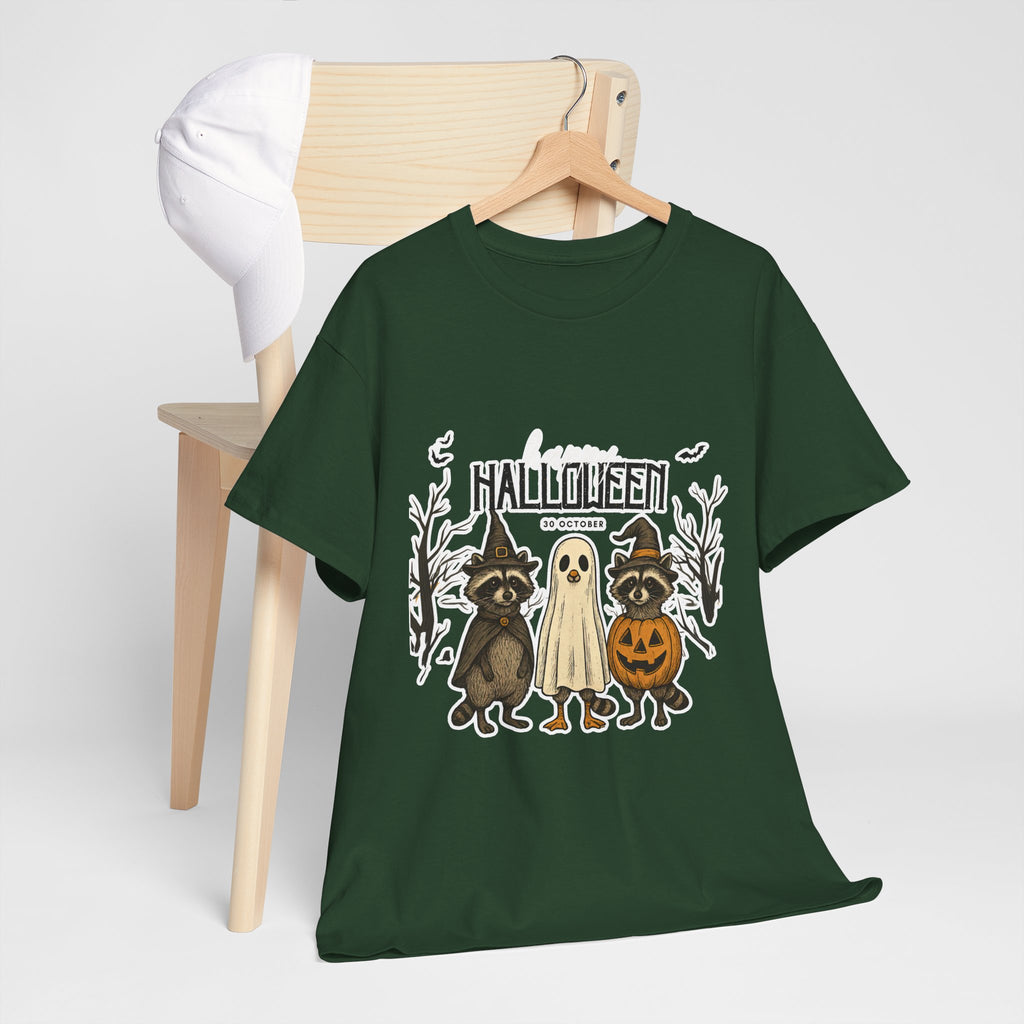 Halloween Raccoon Ghost Pumpkin T‑Shirt — Cute Spooky Costume Trio Tee