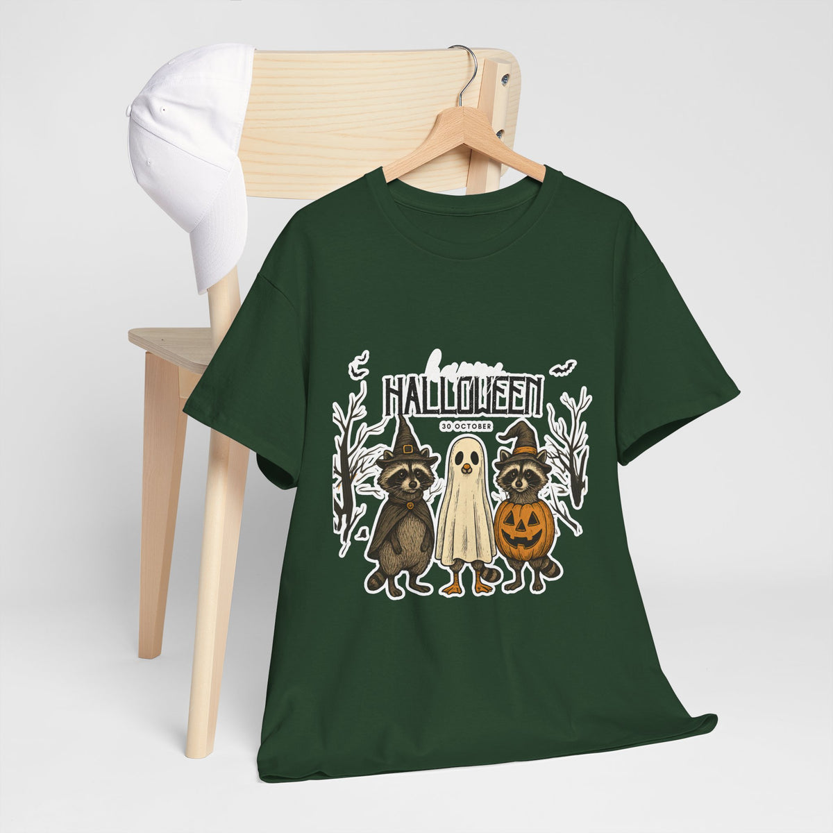 Halloween Raccoon Ghost Pumpkin T‑Shirt — Cute Spooky Costume Trio Tee