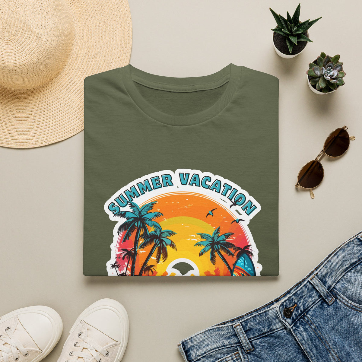 Summer Vacation T-Shirt – Tropical Sunset Surf Graphic