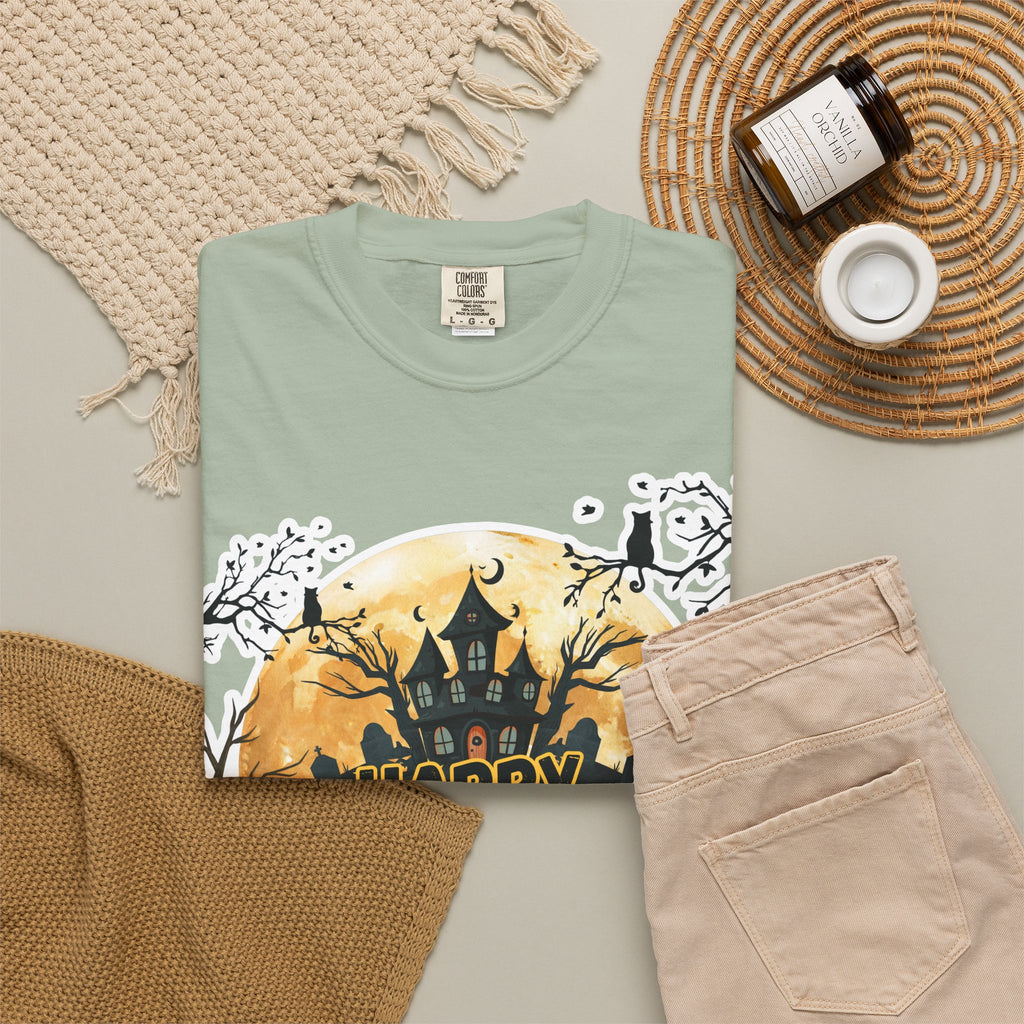 Halloween Haunted House T-Shirt — "Happy Halloween" Pumpkin Graphic Tee