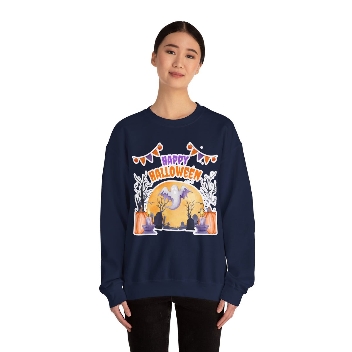 Happy Halloween Crewneck Sweatshirt — Cute Ghost Pumpkin Halloween Sweater