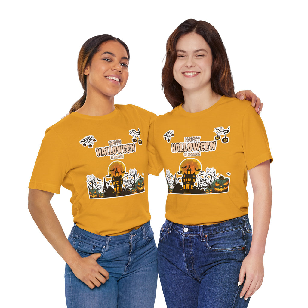 Halloween Haunted House T-Shirt — "Happy Halloween" Pumpkin Spooky Tee