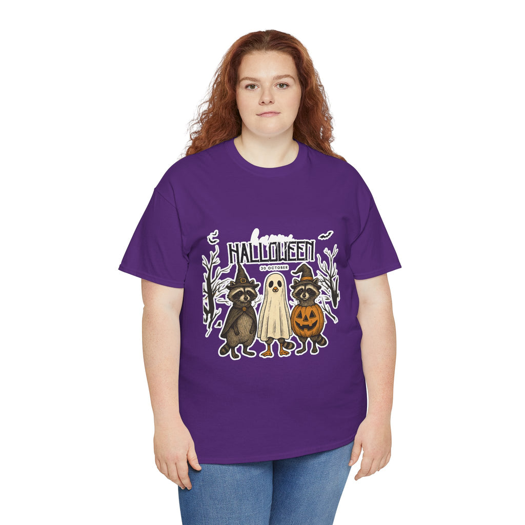Halloween Raccoon Ghost Pumpkin T‑Shirt — Cute Spooky Costume Trio Tee