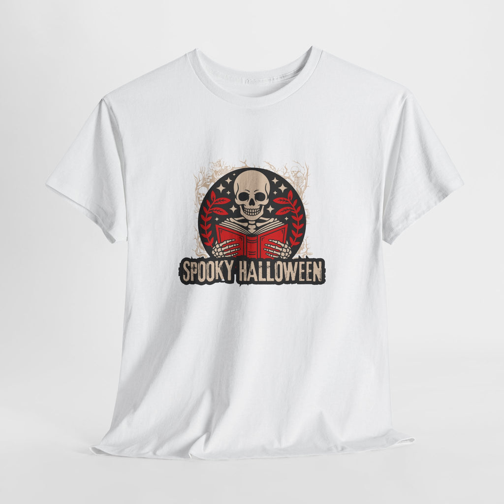 Spooky Halloween Skull Tee — Vintage Skeleton Reading Book Halloween T-Shirt