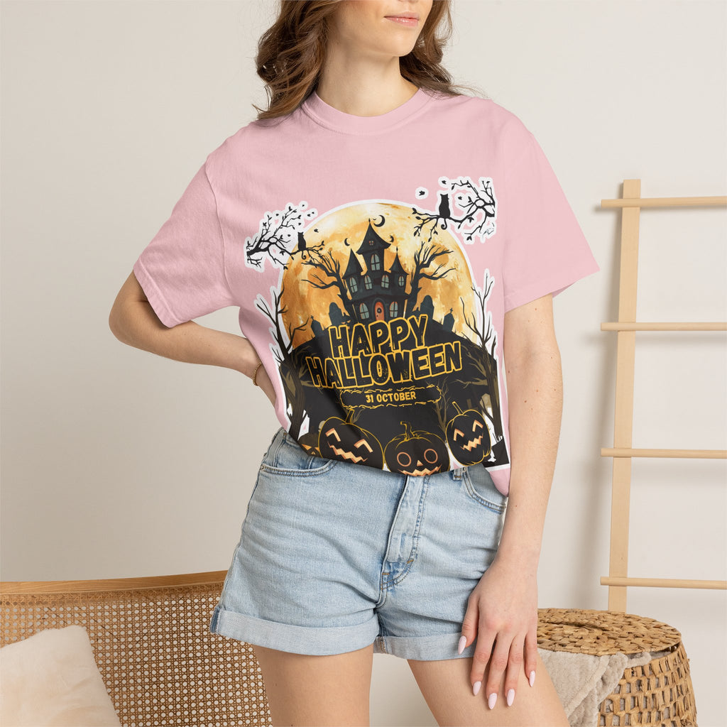 Halloween Haunted House T-Shirt — "Happy Halloween" Pumpkin Graphic Tee