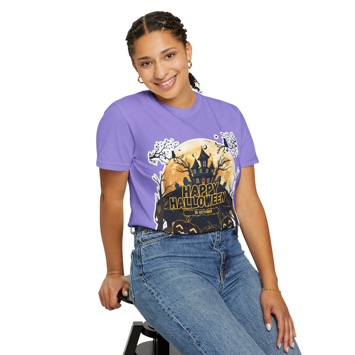 Halloween Haunted House T-Shirt — "Happy Halloween" Pumpkin Graphic Tee