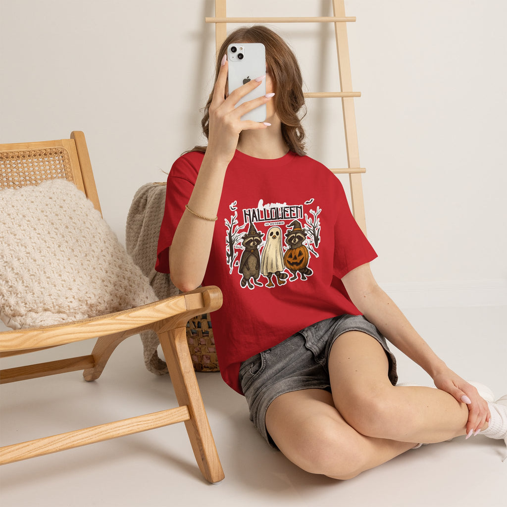 Halloween Raccoon Ghost Pumpkin T‑Shirt — Cute Spooky Costume Trio Tee