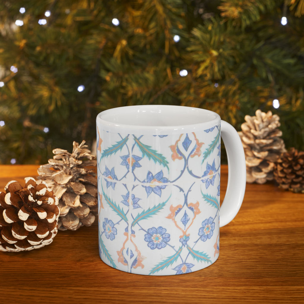 Floral Tile Pattern Ceramic Mug — Blue & Coral Botanical Design (11oz/15oz)