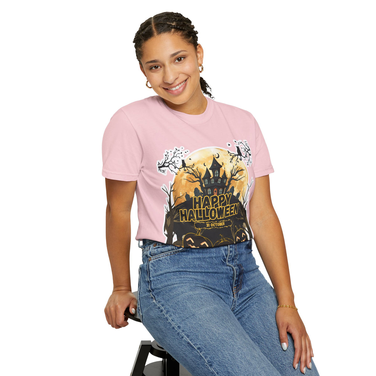 Halloween Haunted House T-Shirt — "Happy Halloween" Pumpkin Graphic Tee