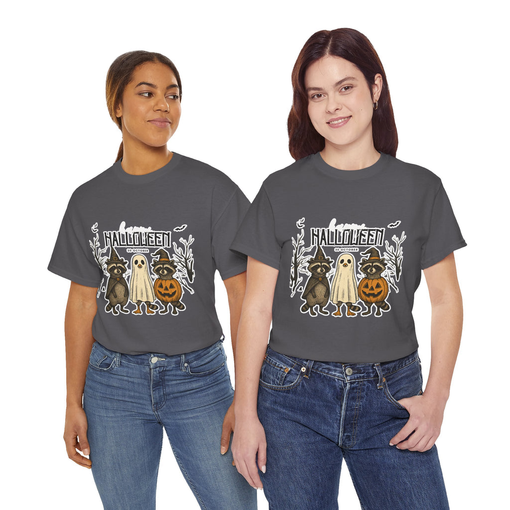 Halloween Raccoon Ghost Pumpkin T‑Shirt — Cute Spooky Costume Trio Tee