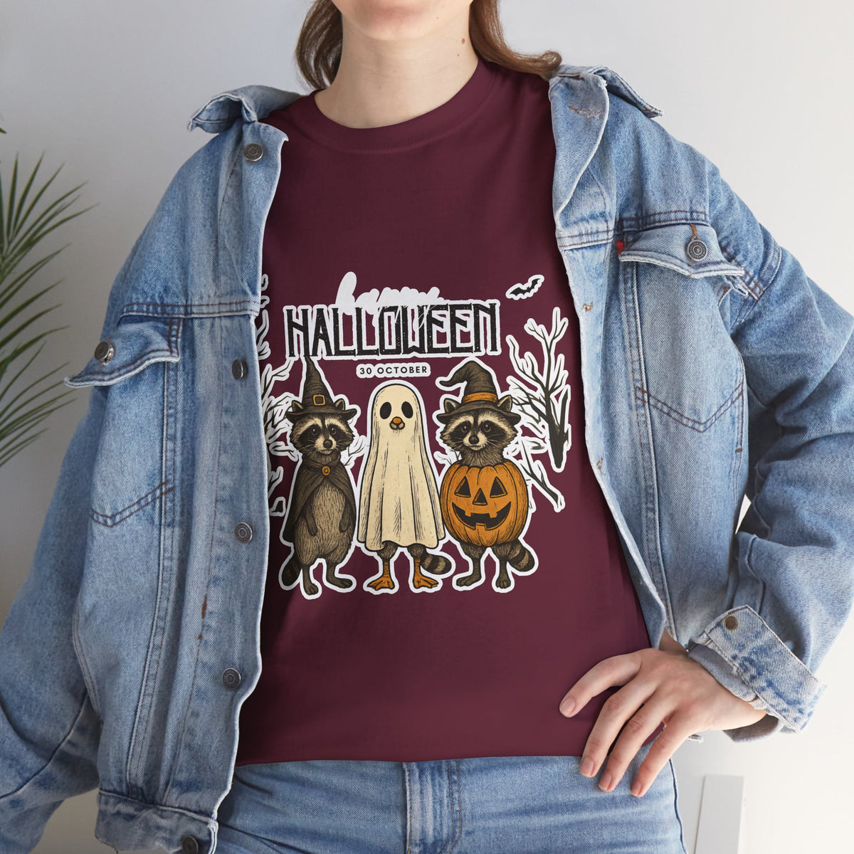 Halloween Raccoon Ghost Pumpkin T‑Shirt — Cute Spooky Costume Trio Tee