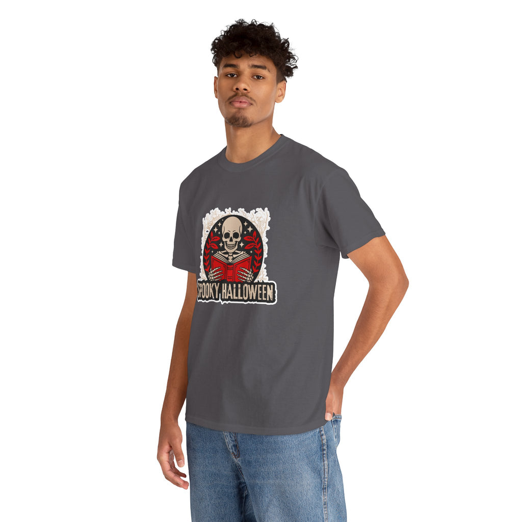 Spooky Halloween Skull Tee — Vintage Skeleton Reading Book Halloween T-Shirt