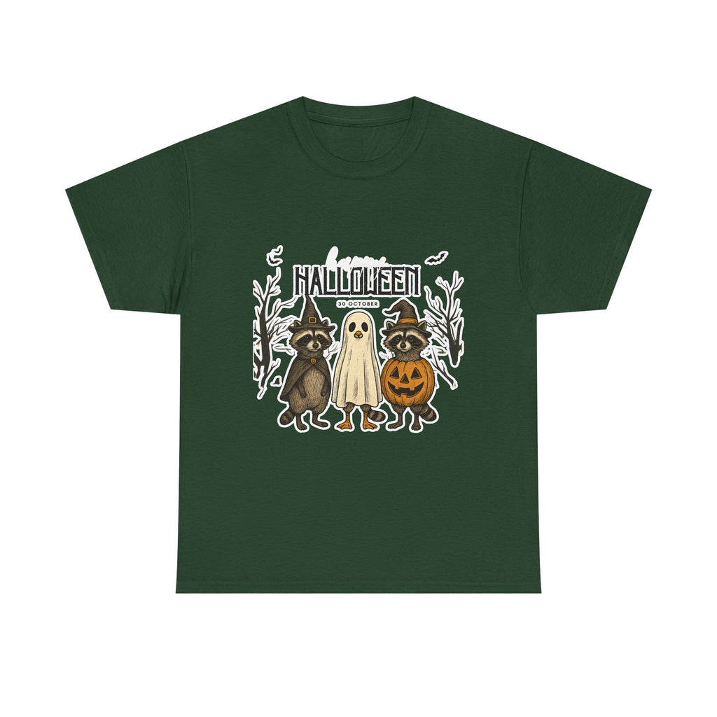Halloween Raccoon Ghost Pumpkin T‑Shirt — Cute Spooky Costume Trio Tee