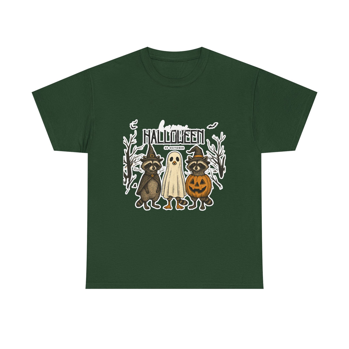Halloween Raccoon Ghost Pumpkin T‑Shirt — Cute Spooky Costume Trio Tee