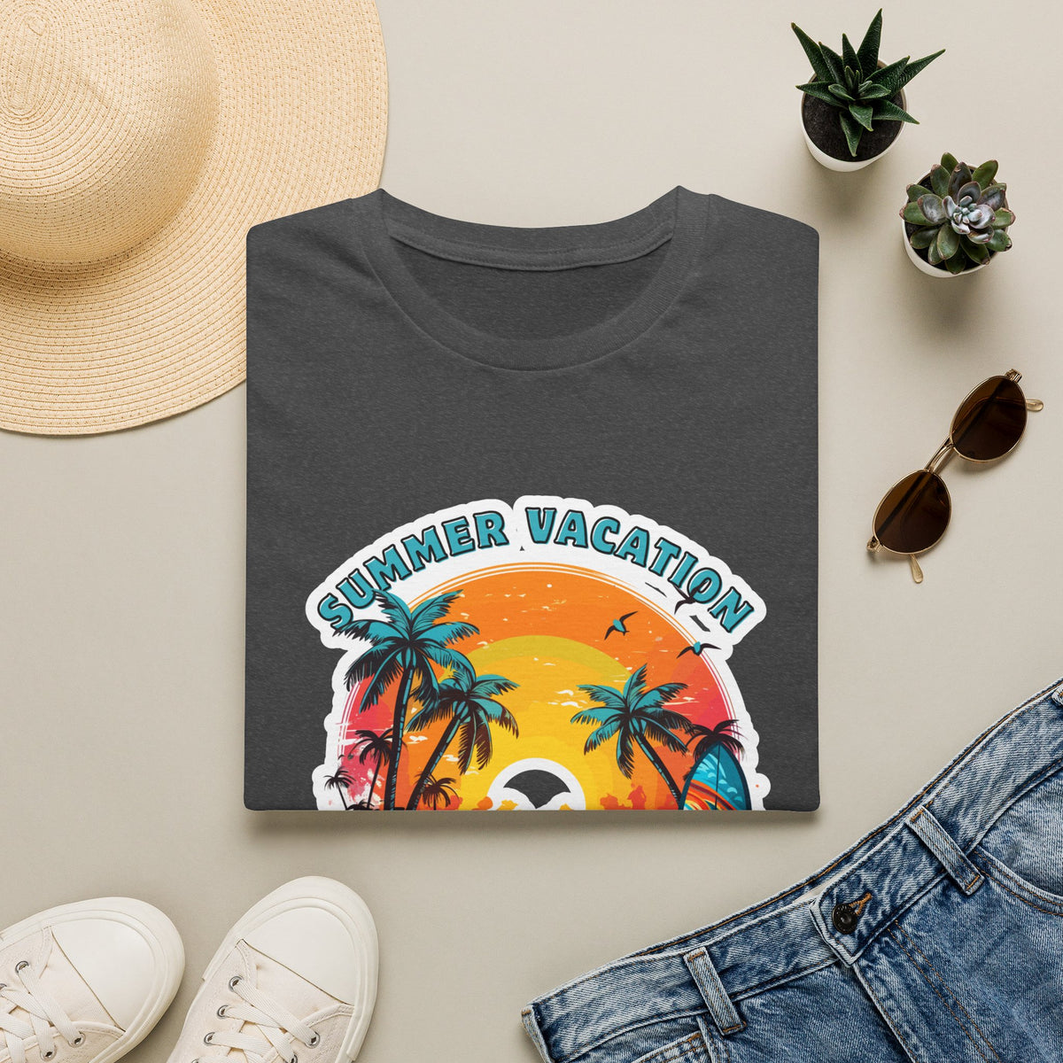 Summer Vacation T-Shirt – Tropical Sunset Surf Graphic