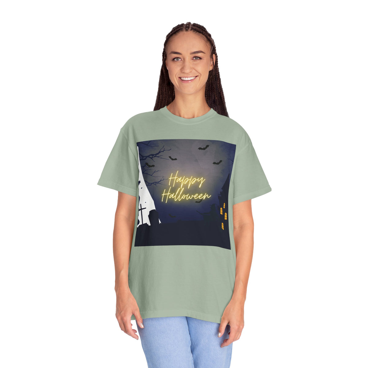 Halloween Night T-Shirt — "Happy Halloween" Haunted Graveyard Design