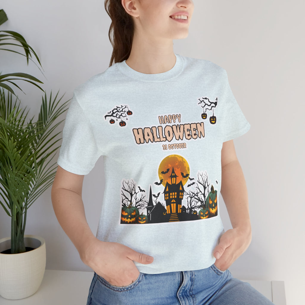 Halloween Haunted House T-Shirt — "Happy Halloween" Pumpkin Spooky Tee