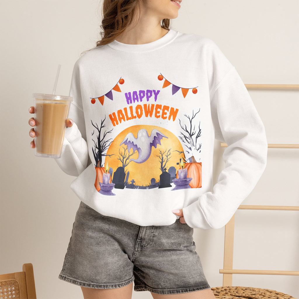Happy Halloween Crewneck Sweatshirt — Cute Ghost Pumpkin Halloween Sweater