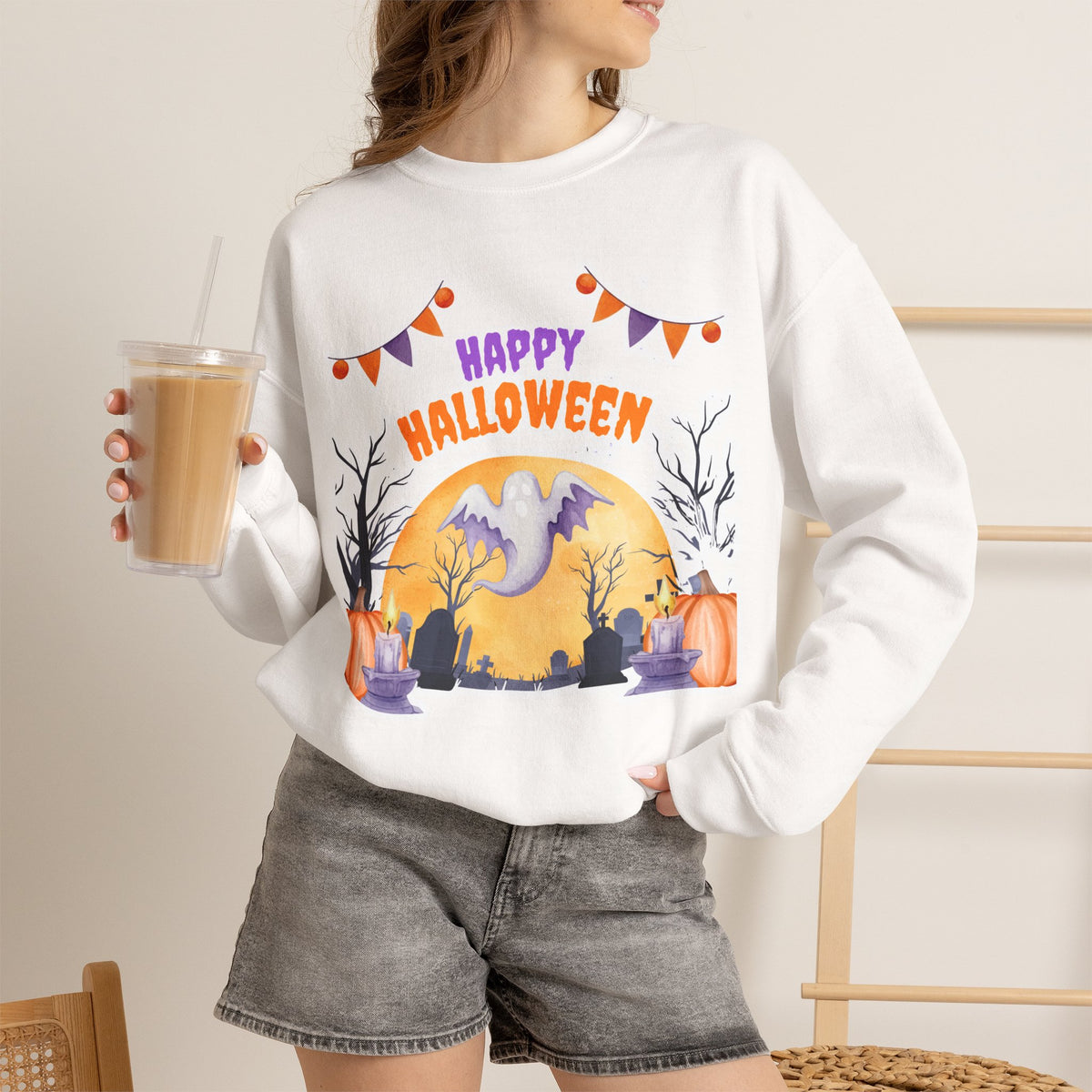 Happy Halloween Crewneck Sweatshirt — Cute Ghost Pumpkin Halloween Sweater