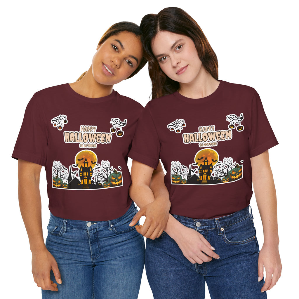 Halloween Haunted House T-Shirt — "Happy Halloween" Pumpkin Spooky Tee