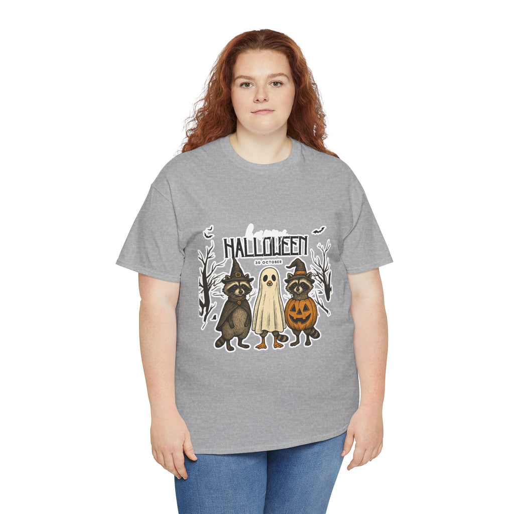 Halloween Raccoon Ghost Pumpkin T‑Shirt — Cute Spooky Costume Trio Tee