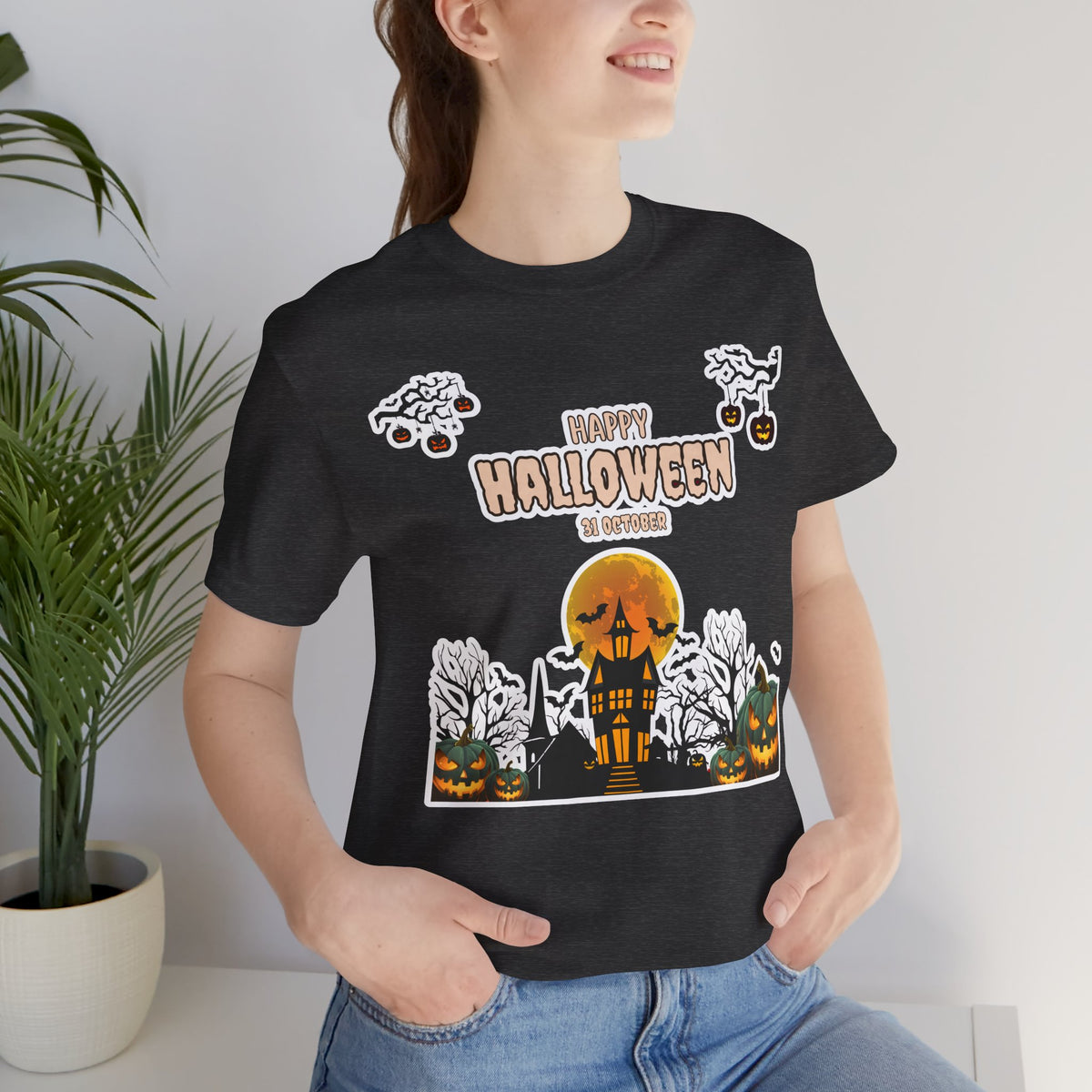 Halloween Haunted House T-Shirt — "Happy Halloween" Pumpkin Spooky Tee