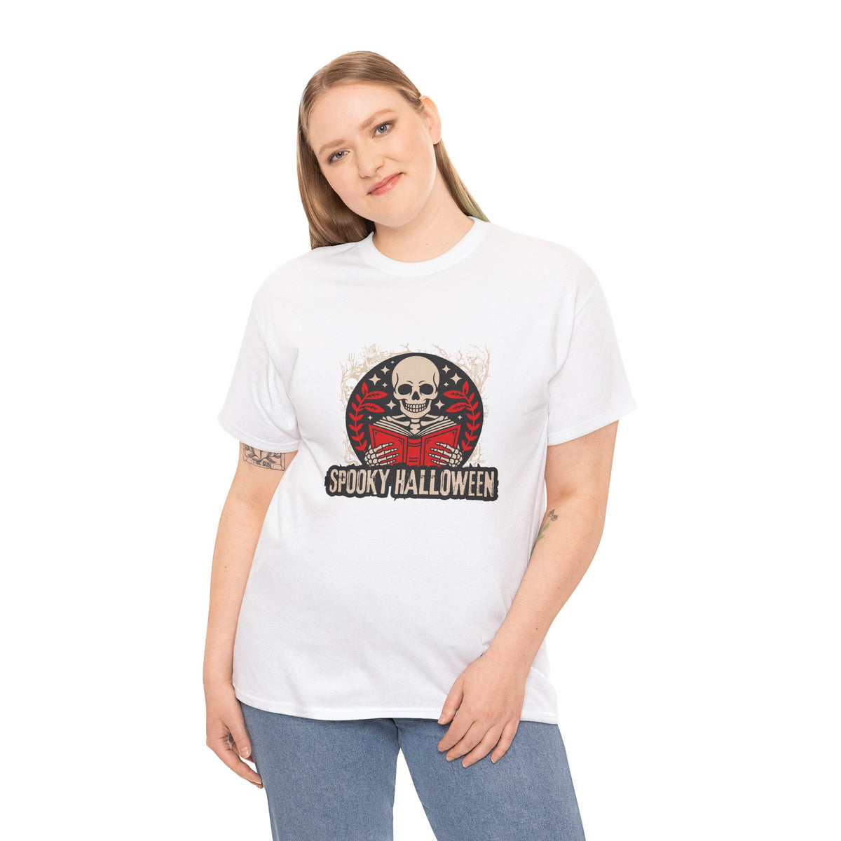 Spooky Halloween Skull Tee — Vintage Skeleton Reading Book Halloween T-Shirt