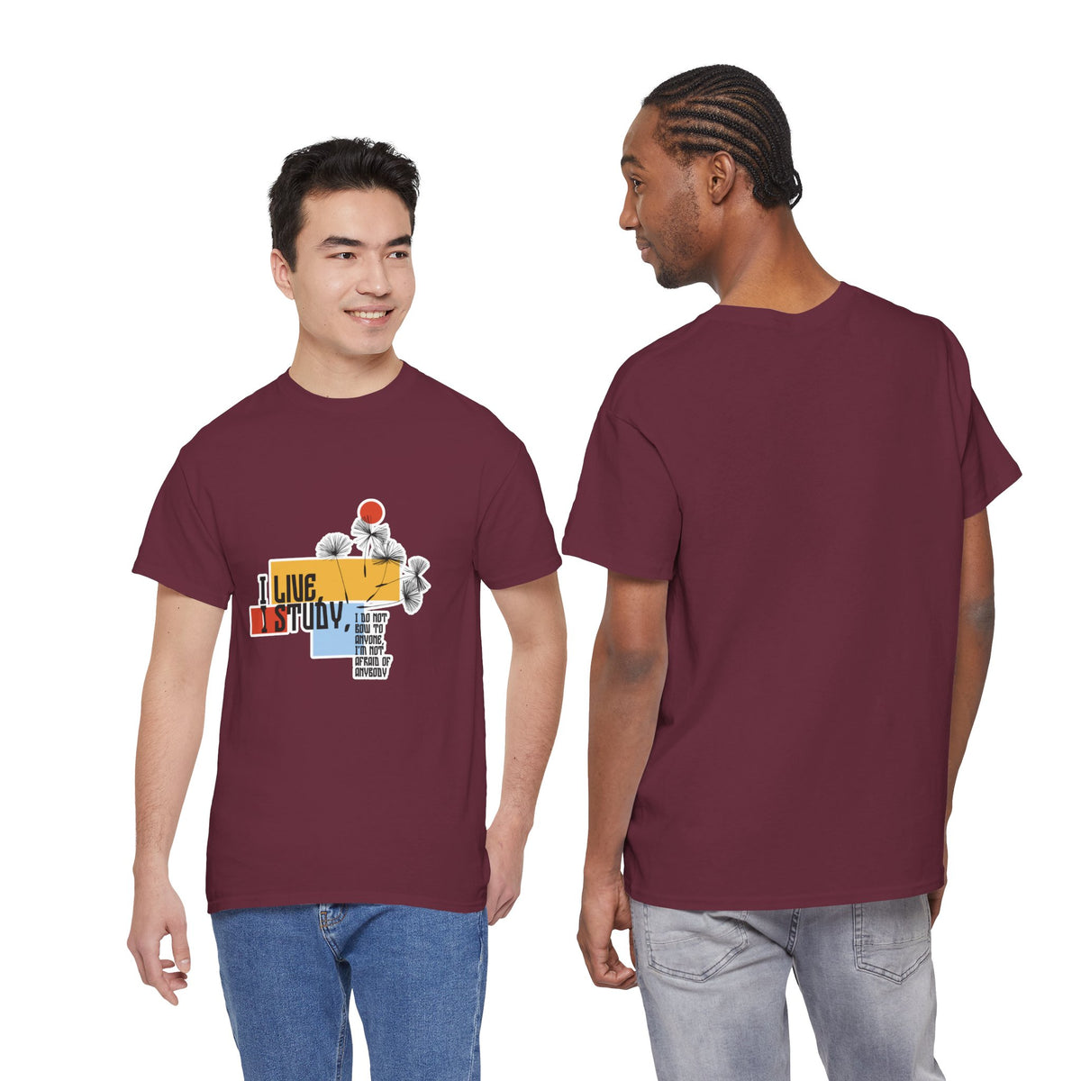 T-Shirt — I Live, I Study Graphic Tee (Minimalist Floral Collage)