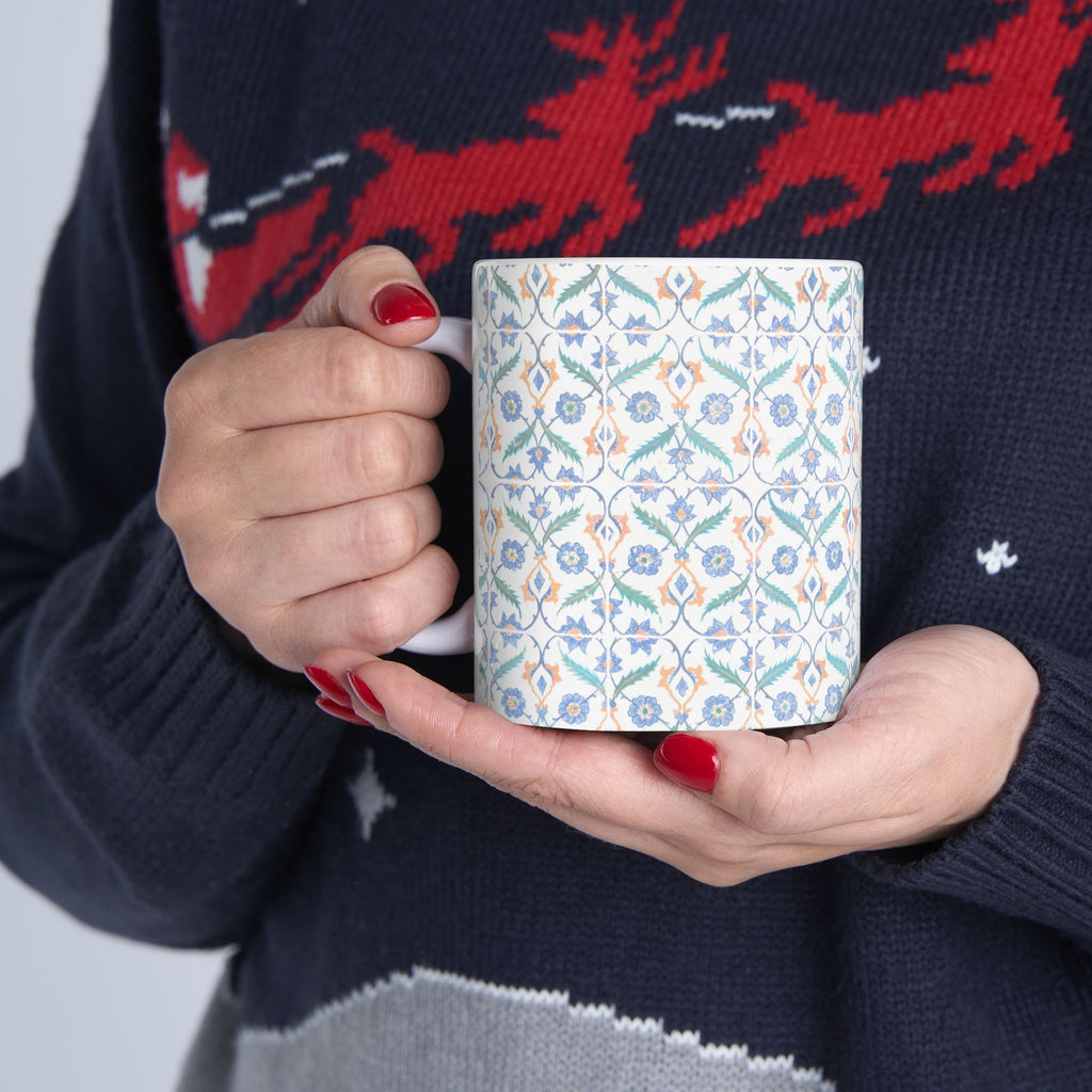 Floral Tile Pattern Ceramic Mug – Blue & Orange Decorative Coffee Cup (11oz/15oz)
