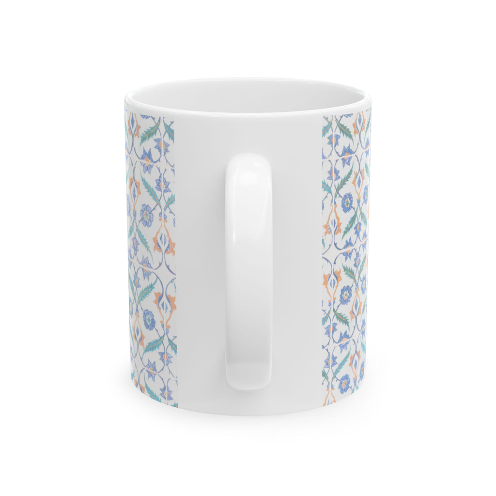 Floral Tile Pattern Ceramic Mug – Blue & Orange Decorative Coffee Cup (11oz/15oz)