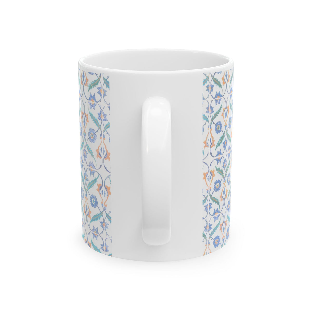 Floral Tile Pattern Ceramic Mug – Blue & Orange Decorative Coffee Cup (11oz/15oz)