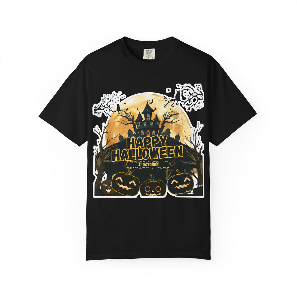 Halloween Haunted House T-Shirt — "Happy Halloween" Pumpkin Graphic Tee