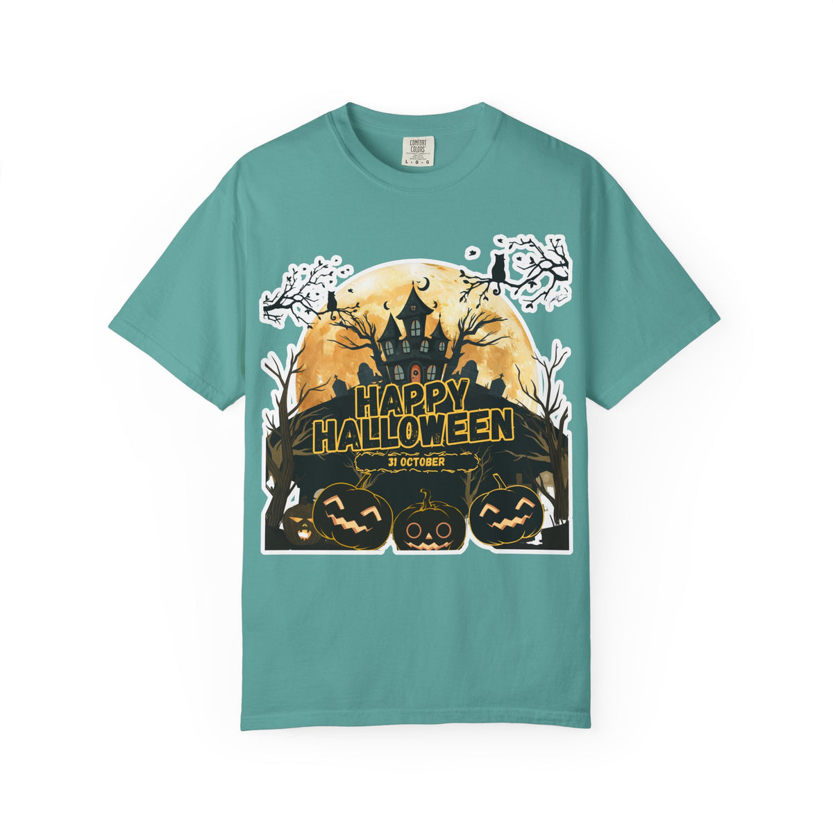 Halloween Haunted House T-Shirt — "Happy Halloween" Pumpkin Graphic Tee