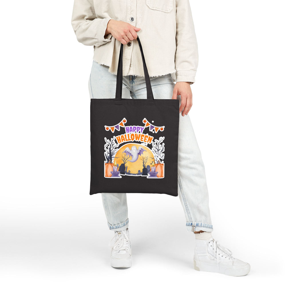Halloween Tote Bag — "Happy Halloween" Ghost Pumpkin Canvas Tote