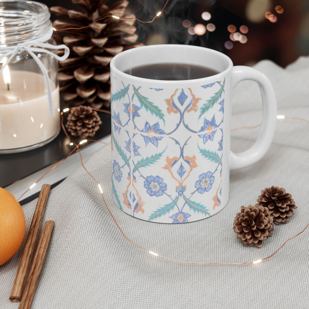 Floral Tile Pattern Ceramic Mug — Blue & Coral Botanical Design (11oz/15oz)