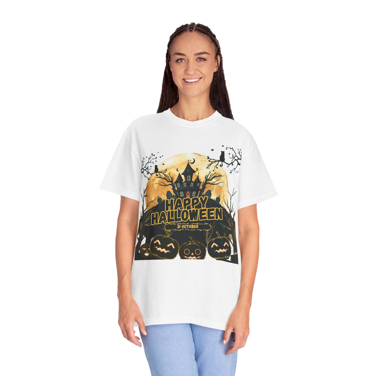 Halloween Haunted House T-Shirt — "Happy Halloween" Pumpkin Graphic Tee