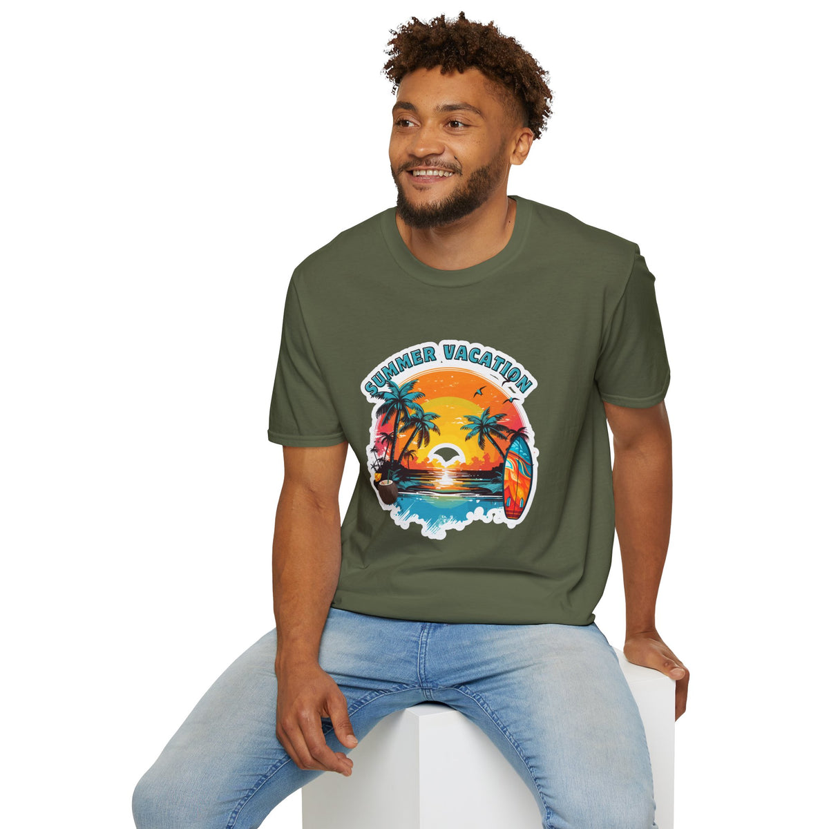 Summer Vacation T-Shirt – Tropical Sunset Surf Graphic