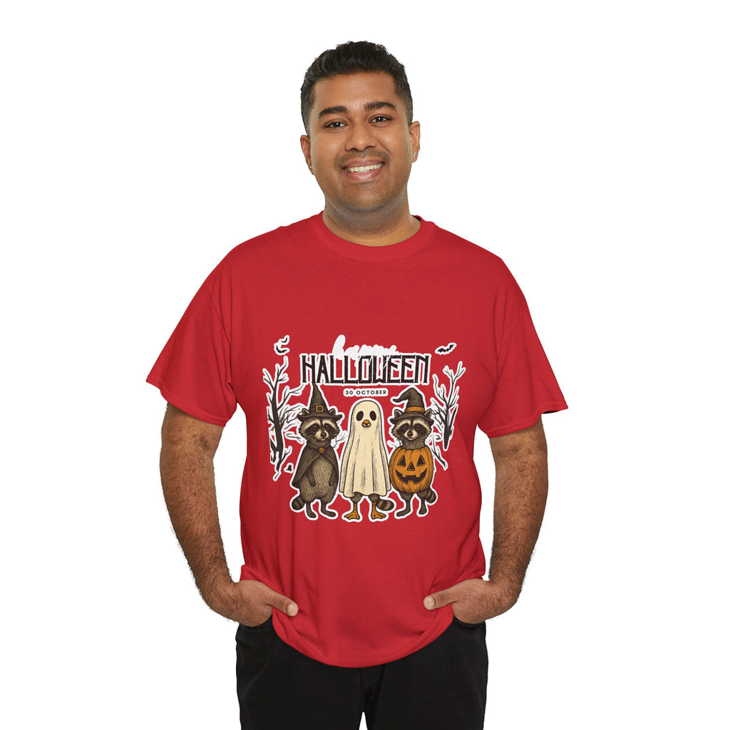 Halloween Raccoon Ghost Pumpkin T‑Shirt — Cute Spooky Costume Trio Tee