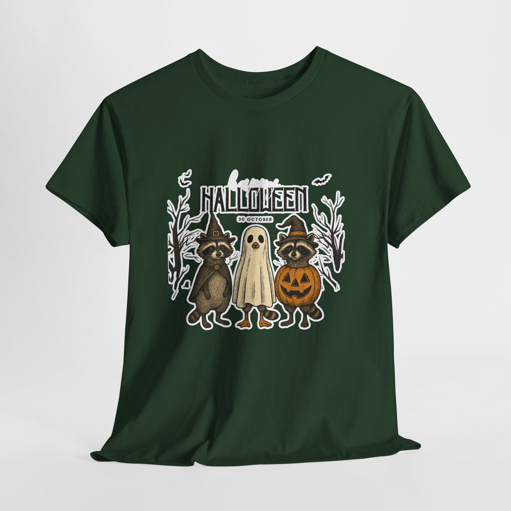 Halloween Raccoon Ghost Pumpkin T‑Shirt — Cute Spooky Costume Trio Tee