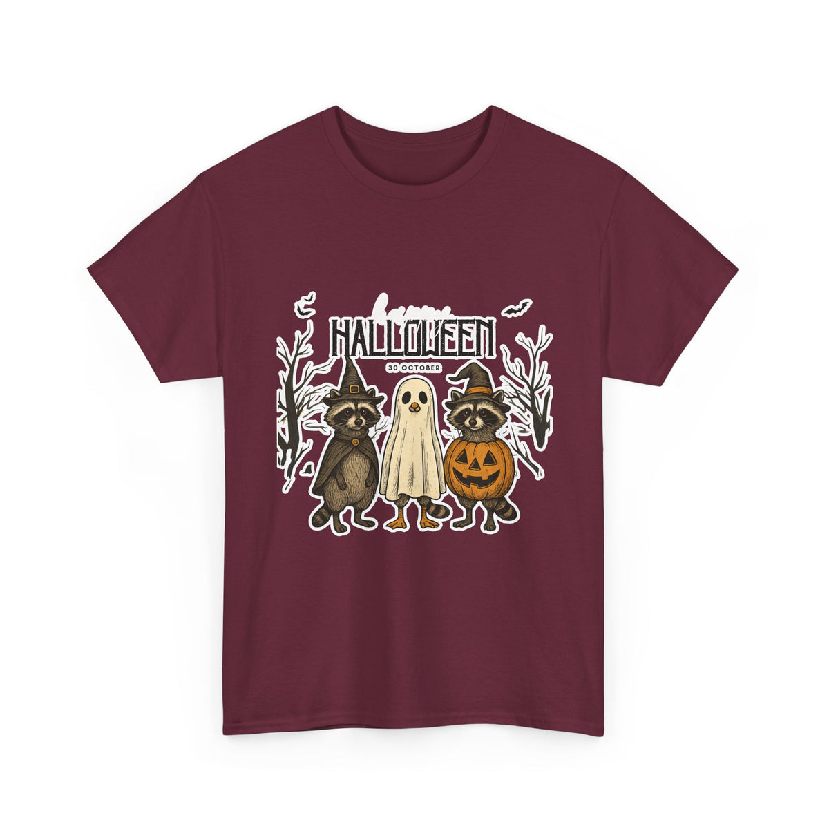 Halloween Raccoon Ghost Pumpkin T‑Shirt — Cute Spooky Costume Trio Tee