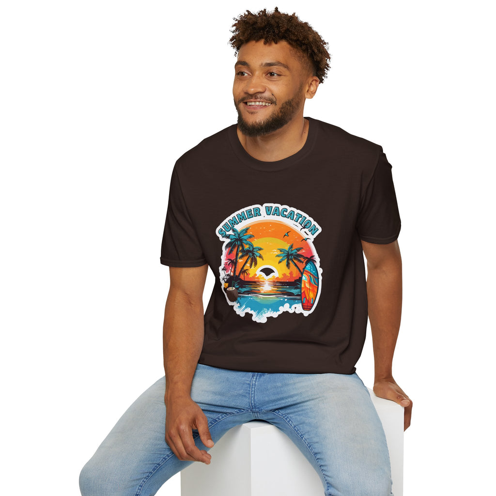 Summer Vacation T-Shirt – Tropical Sunset Surf Graphic