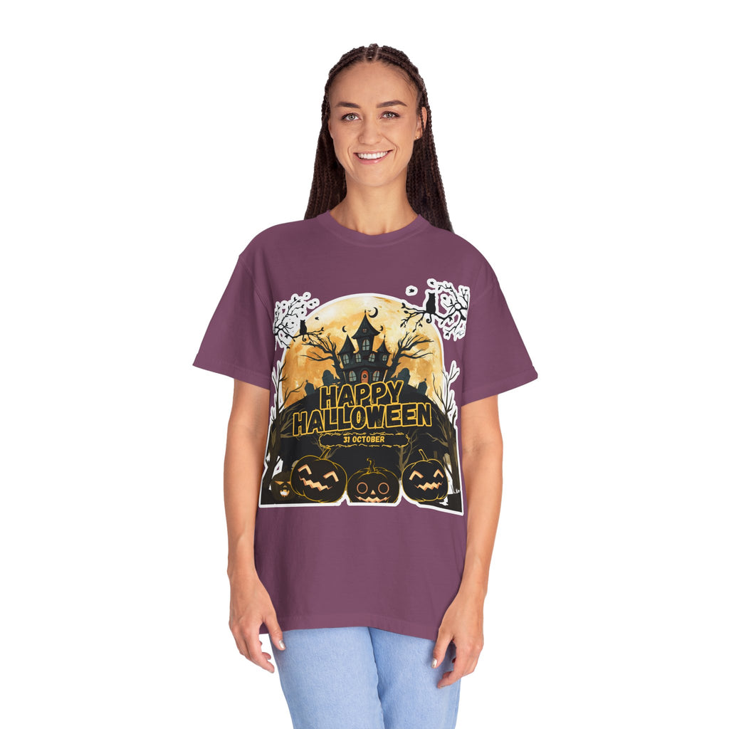 Halloween Haunted House T-Shirt — "Happy Halloween" Pumpkin Graphic Tee