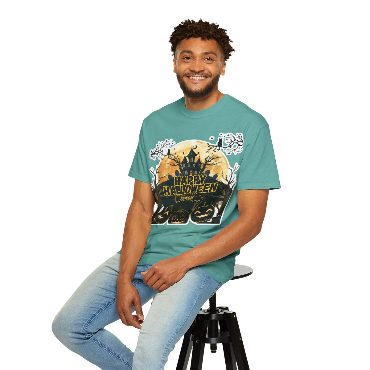 Halloween Haunted House T-Shirt — "Happy Halloween" Pumpkin Graphic Tee