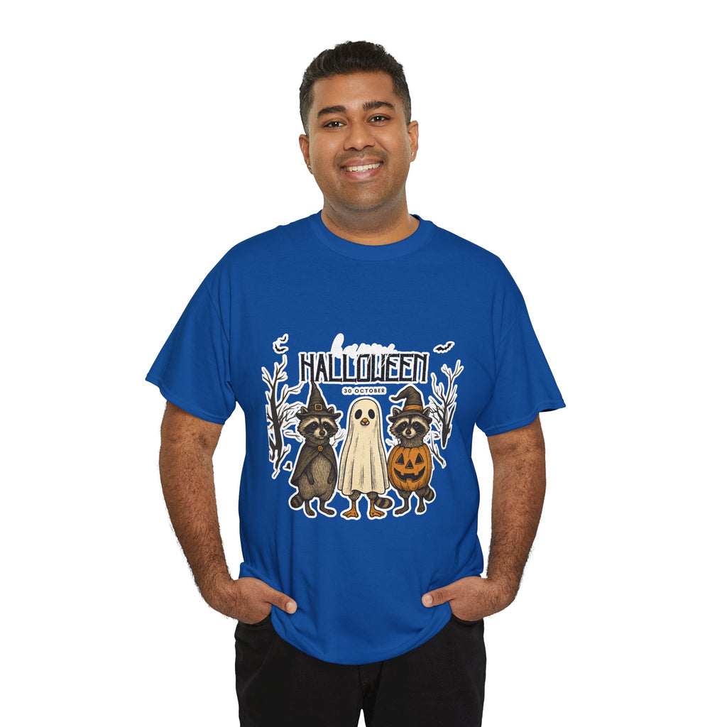 Halloween Raccoon Ghost Pumpkin T‑Shirt — Cute Spooky Costume Trio Tee