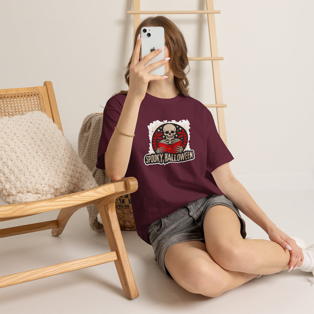 Spooky Halloween Skull Tee — Vintage Skeleton Reading Book Halloween T-Shirt