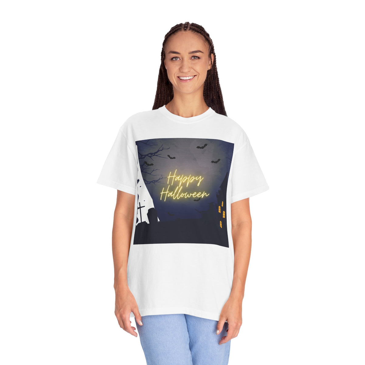 Halloween Night T-Shirt — "Happy Halloween" Haunted Graveyard Design
