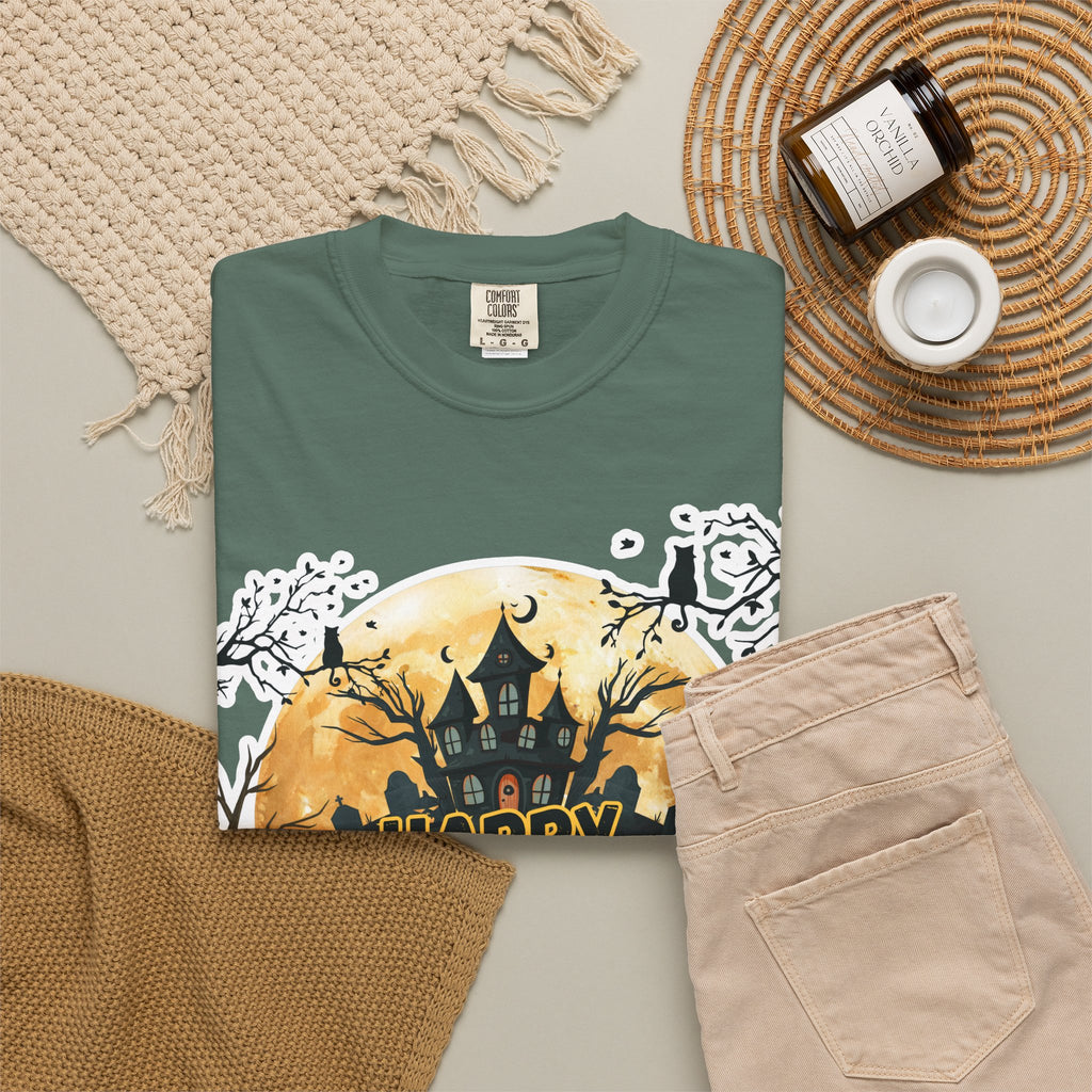 Halloween Haunted House T-Shirt — "Happy Halloween" Pumpkin Graphic Tee